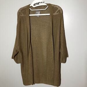 J Jill camel tan open front open knit shirt sleeve cardigan metallic MP sweater